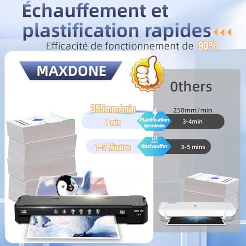 MAXDONE Plastifieuse A3 - Rapide & Sans Bulles Pour Professionnels, Pochettes de Plastification et Coupe Papier, Préchau