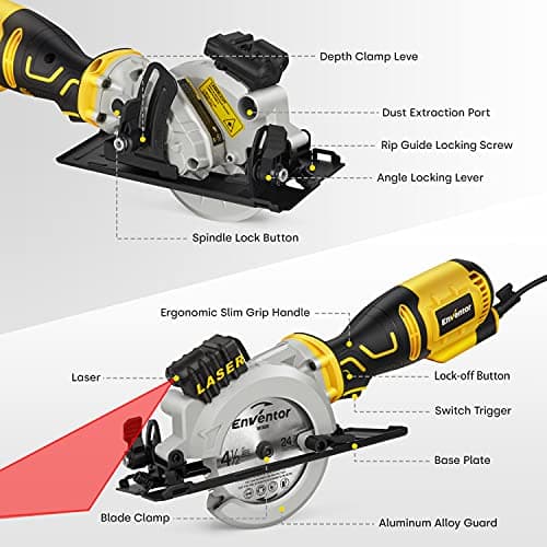 Scie Circulaire ENVENTOR Professionnelle Bois Métal Plastique 705W 3500 RPM 6 Lames 115mm Guide Laser Max 42,8mm Moteur