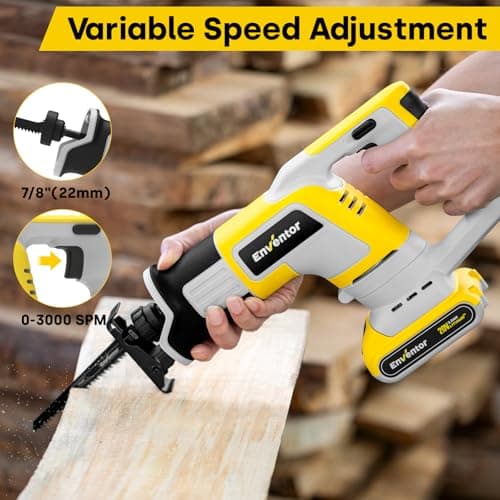 Scie Sabre Sans Fil Enventor 20V 2,0Ah, Idéal pour Couper Bois, Métal et PVC Batterie et Chargeur Inclus