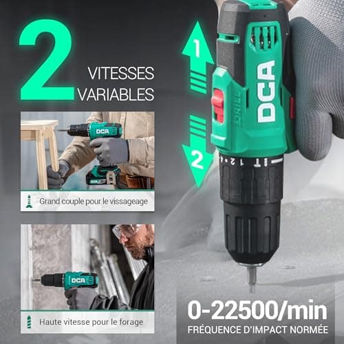 Perceuse DCA sans fil 20V 40 Nm - mandrin autoserrant 13 mm - 2 vitesses - 22 500 CPM - 18+1+1 forets - usage profession