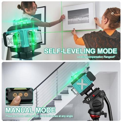 Niveau laser vert autonivelant 4x360°, 4D 16 lignes laser, chantier à ligne croisée verticale/horizontale, 2 x batterie,