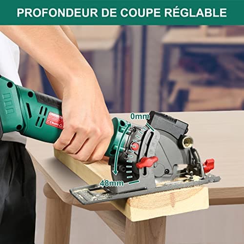 HYCHIKA Scie Circulaire Sans Fil 18V, Batterie Li-ion |0Ah, Guide Laser, pour Couper du Bois Métal, 3 Lames 3500RPM Maxi