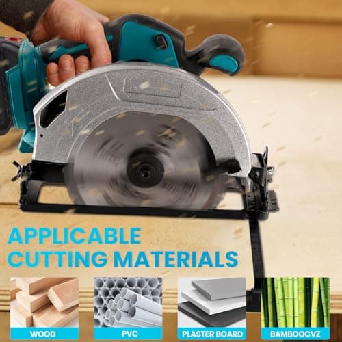 ONEVAN Scie circulaire sans brosse 1000W 4500RPM, 2 batteries, 0-45° 185mm, bois, métal, plastique, PVC