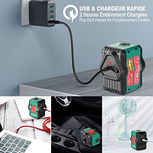 HYCHIKA Niveau Laser Vert Autonivelant 45M pour Extérieur - Deux Modules Ligne Croix/Horizontale/Verticale USB Rechargea