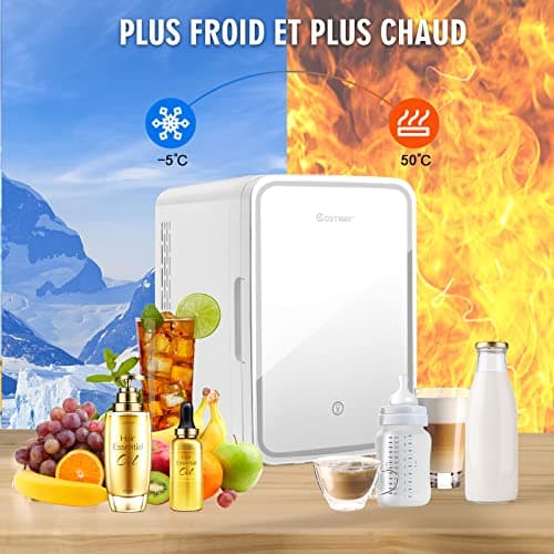 GOPLUS Mini Frigo 10 L, Frigo Cosmetique LED, Silencieux pour Chambre et Voiture, AVEC Miroir à Maquillage LED