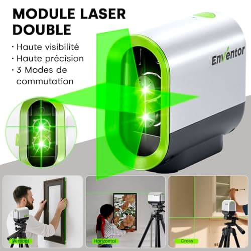 ENVENTOR Niveau Laser Vert Autonivelant 360 Rotatif, Mode Pulsé, 50M Étendue, USB Charge, Ligne Laser Croix/Horizontale