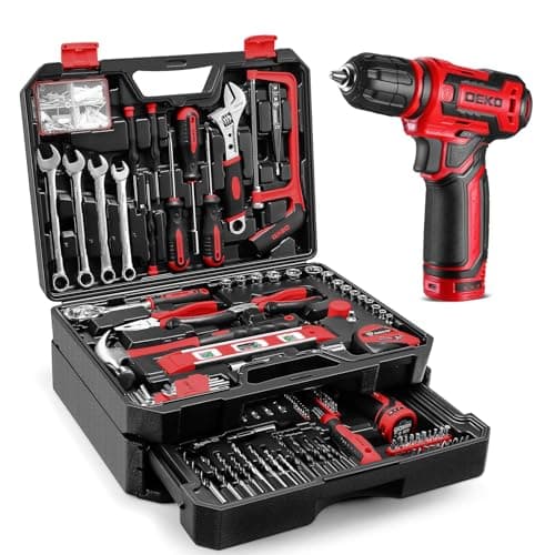 DEKO Caisse à Outils Multifonction sans Fil 12V, Boîte à Outils_complete avec Perceuse, Idéale pour Réparation et Entret — Rouge