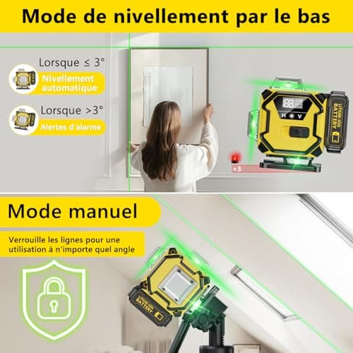Lazer Niveaux Autonivelant 360° x 4, 2 x Batterie, Nivellement Automatique, Support Rotatif - Lazer Niveaux 4D Autonivel