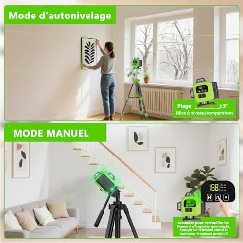 Lazer Niveaux Autonivelant 360° 4D x 4 Lignes Laser, Batterie Extérieure, Nivellement Automatique, Support Rotatif