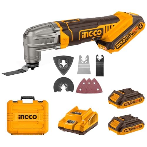 Outil Oscillant Ingco 20V Multifonction 6 Vitesses pour Couper, Poncer, Gratter, Scier avec 2 Batteries 2,0 Ah et 1 Char