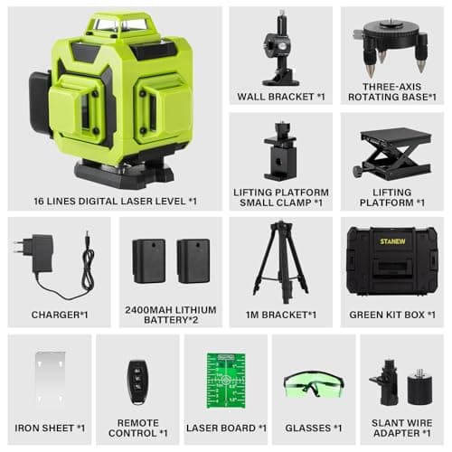 Niveau laser STANEW 4 x 360° Autonivelant Verte 4D 16 Ligne Horizontal et Verticale Avec Télécommande Intégrée et Tripod