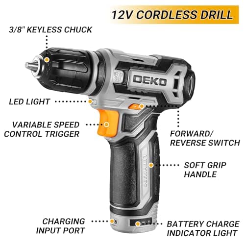 DEKO Caisse à Outils Multifonction sans Fil 12V, Boîte à Outils_complete avec Perceuse, Idéale pour Réparation et Entret