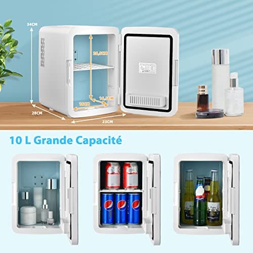 COSTWAY Mini Réfrigérateur 10L Chaud/Froid Portable avec Miroir LED pour Voiture et Chambre