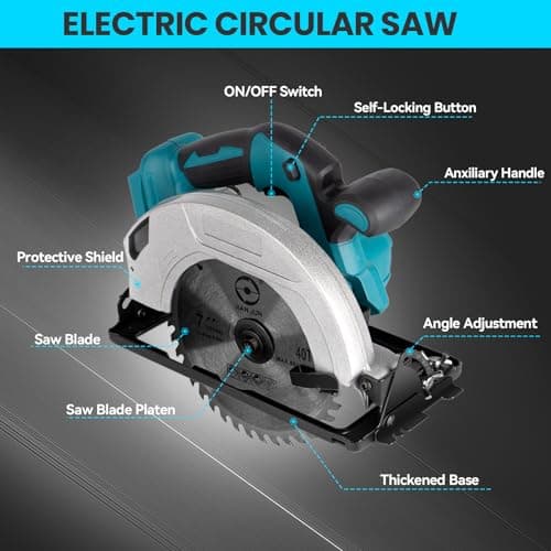 ONEVAN Scie circulaire sans brosse 1000W 4500RPM, 2 batteries, 0-45° 185mm, bois, métal, plastique, PVC