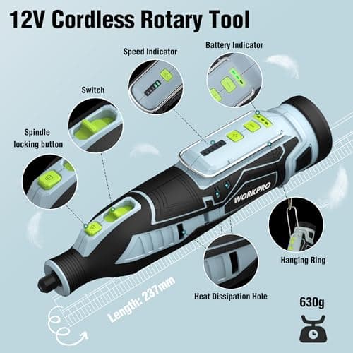 Outil Rotatif WORKPRO sans Fil 12V 114 Accessoires Meuler Couper Percer Polir Nettoyer Graver 7500-32000 tr/min