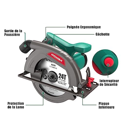 HYCHIKA Scie Circulaire Électrique, Haute Puissance pour Bois et Plastique, Profondeur de coupe jusqu'à 65 mm et 45 mm,