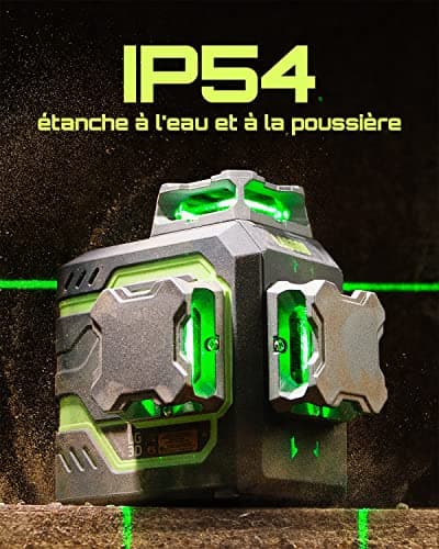 LasGoo LG-3D Niveau Laser Auto-Nivelant - Usage Professionnel - Construction et Alignements - 3x360° Faisceau Vert - 2 B
