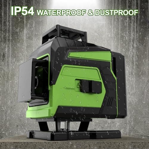 Niveau laser chantier autonivelant 4x360°, vert 4D, 16 lignes LED, 2x batterie, IP54, support rotatif, télécommande & ma