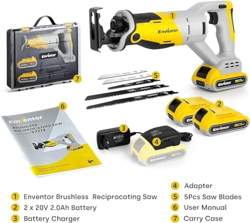 ENVENTOR Scie Sabre Sans Fil 20V Brushless Idéal pour Professionnels et Bricoleurs - Coupe Bois Métal Plastique Branches