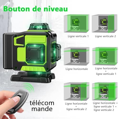 Laser Niveleuse Autonivelante 360° x 4 Lignes Laser 16 Lignes x 2 Batteries Automatique Extérieur Mode Pulsé Extérieur