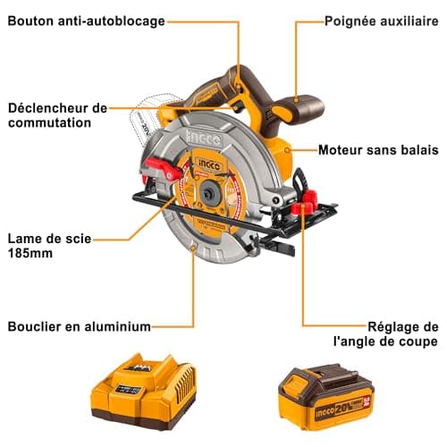 INGCO Scie Circulaire Sans Fil 20V Moteur Sans Balais Profondeur de Coupe Maximale 65 mm 1 Batterie 5,0 Ah 1 Chargeur