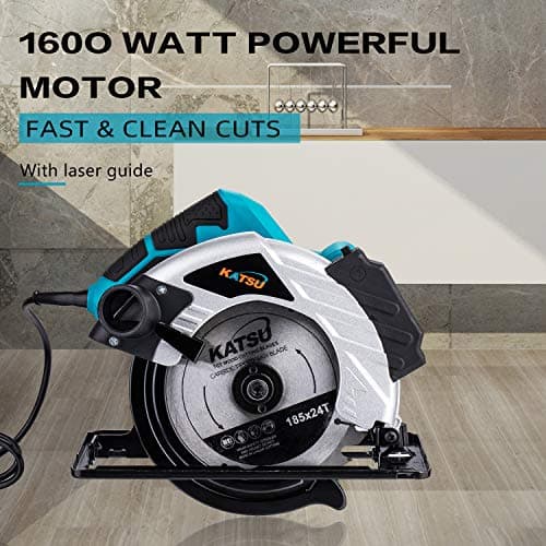 KATSU Scie circulaire 185mm 1600W Guide Laser 2 Lames 24T 40T Coupe Bois Métal Plastique