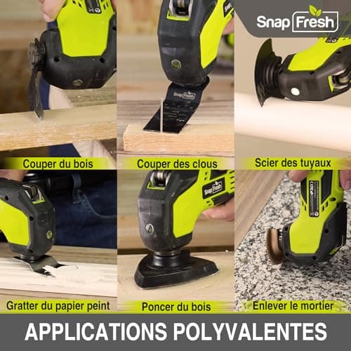 SnapFresh Multifonction sans fil 20V Multitool Multi-cutter Scie Oscillante avec 6 Vitesses 5000-18000 OPM, angle d'osci