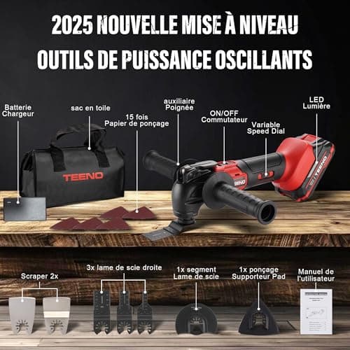 TEENO outil multifonction oscillant sans fil 20V, brushless, 6 vitesses variables, chargeur included, angle oscillant 4°