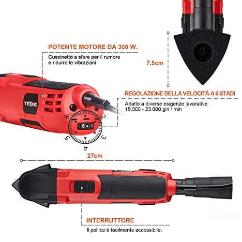 TEENO outil multi-fonctions oscillatoire filaire 300W 15000-23000 tr/min pour menuisiers avec 11 accessoires et 6 vitess