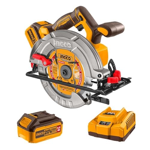 INGCO Scie Circulaire Sans Fil 20V Moteur Sans Balais Profondeur de Coupe Maximale 65 mm 1 Batterie 5,0 Ah 1 Chargeur