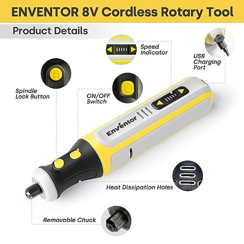 ENVENTOR Outil Rotatif Sans Fil 8V, 5 Vitesse Variable, 80 Accessoires, 5000-28000 RPM, USB Chargeable, Mini Outil pour