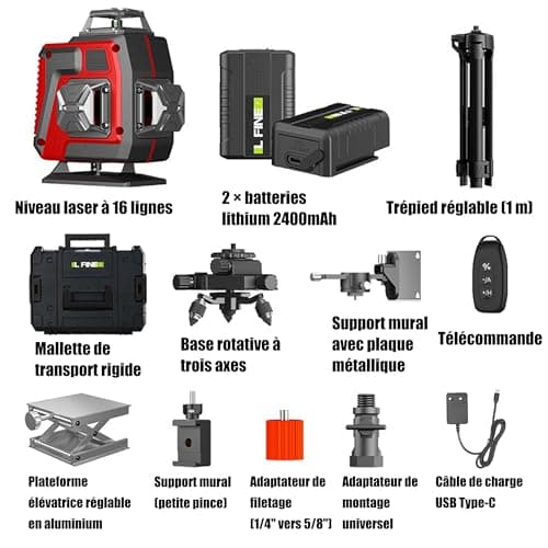 Laser Niveau 4D 16 Lignes Vertavec Télécommande, Auto-nivellement ±3°, 2 Batteries Rechargeables et Support Magnétique 3