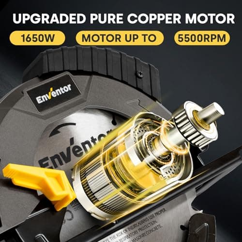 ENVENTOR 1650W Scie Circulaire Puissante, 5500RPM Électrique, Moteur Filaire, Coupe Précise Bois et PVC, pour Profession