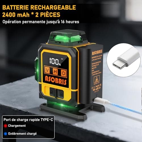 ASOBRIS Niveau Laser 4D x 4 Linéaire 16 Lignes Télémètre Rotatif Batterie Rechargeable Extérieur