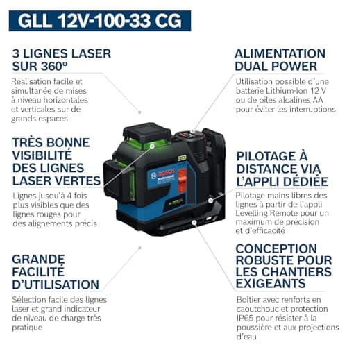 Bosch Professional laser lignes GLL 12V-100-33 CG laser vertes, levelling remote, longue portée