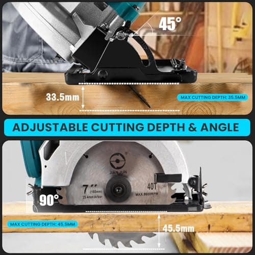 ONEVAN Scie circulaire sans brosse 1000W 4500RPM, 2 batteries, 0-45° 185mm, bois, métal, plastique, PVC