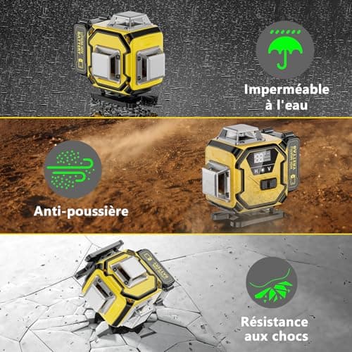 Lazer Niveaux Autonivelant 360° x 4, 2 x Batterie, Nivellement Automatique, Support Rotatif - Lazer Niveaux 4D Autonivel