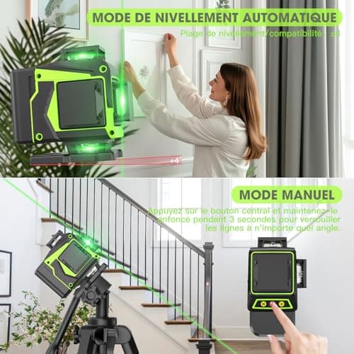 Niveau laser chantier autonivelant 360° x 4 | Lazer Niveaux 4D 16 Lignes Laser | Autonivellement et Mode Pulsé Extérieur