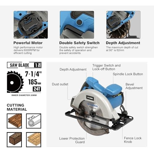 Scie Circulaire Lama 185 mm, 1400W pour Bois, Professionnels, Jardin et Atelier, Pompe de Coupe Élégante, 6000 RPM, Prof