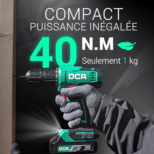 Perceuse DCA sans fil 20V 40 Nm - mandrin autoserrant 13 mm - 2 vitesses - 22 500 CPM - 18+1+1 forets - usage profession