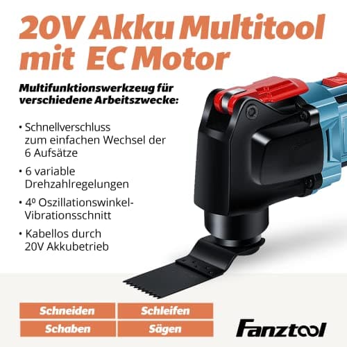 Outil multifonctions FANZTOOL sans fil 20V avec moteur EC pour professionnels, LED, 6 vitesses, Couper, Sculpter, Percer