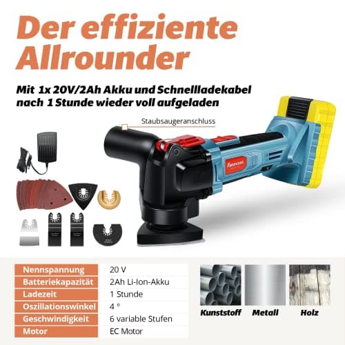 Outil multifonctions FANZTOOL sans fil 20V avec moteur EC pour professionnels, LED, 6 vitesses, Couper, Sculpter, Percer