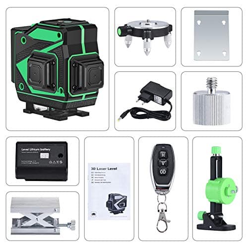 Kraumi Niveau laser 12 linges autonivelant 3x360° ligne horizontale et verticale faisceau laser vert 30M piles inclus