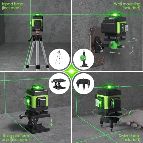 Niveau Laser 4 x 360° Auto-Nivelant Vert Étanche et Anti-Poussière Télécommande Trépied Réglable Hauteur 2400mAh x 2 Pil