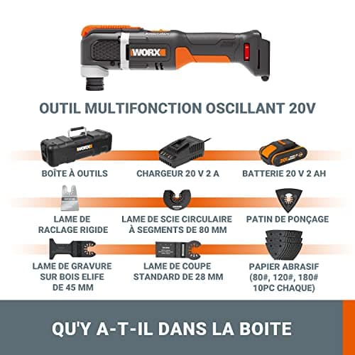 Outil oscillant WORX WX696 20V Puissant pour professionnels, grand angle d'oscillation, facile à utiliser, 1 batterie 2A