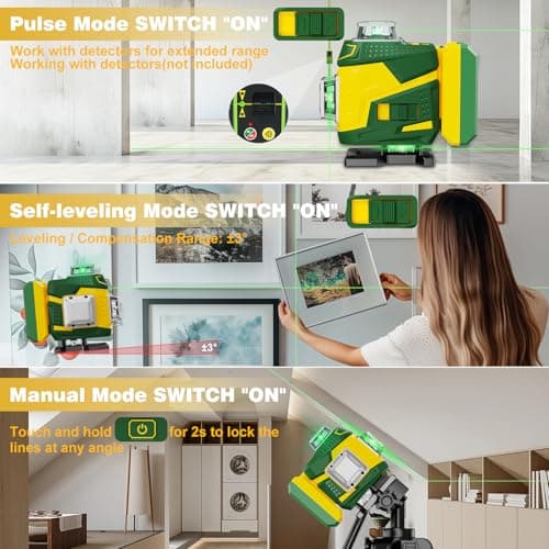 Niveau Laser Mode Impulsion 16 Lignes Autonivelant Vert Batterie 2×5400mAh Niveau Exterieur Decoratif