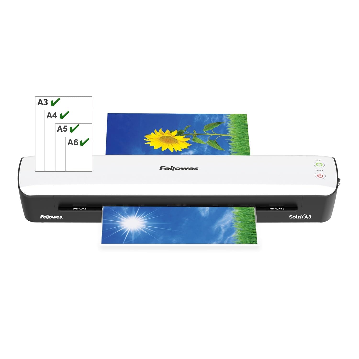 FELLOWES Plastifieuse Sola A3 Blanche, Fonctions Anti-Bourrage et Arrêt Automatique, Temps De Chauffe 4 Minutes - Exclus