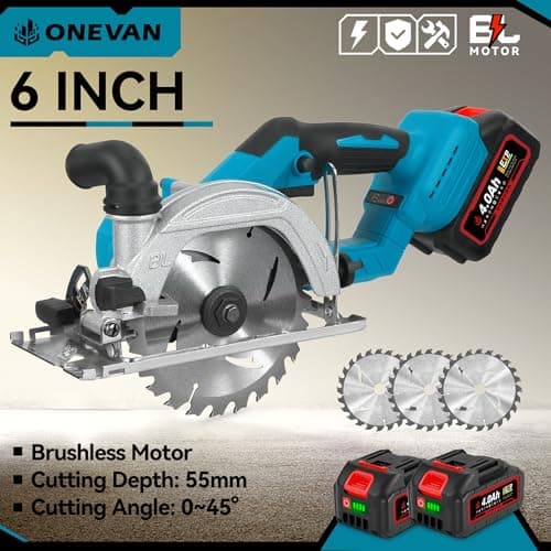 ONEVAN Scie circulaire portative sans fil 150 mm pour professionnels en construction 55 mm de profondeur de coupe 3 lame