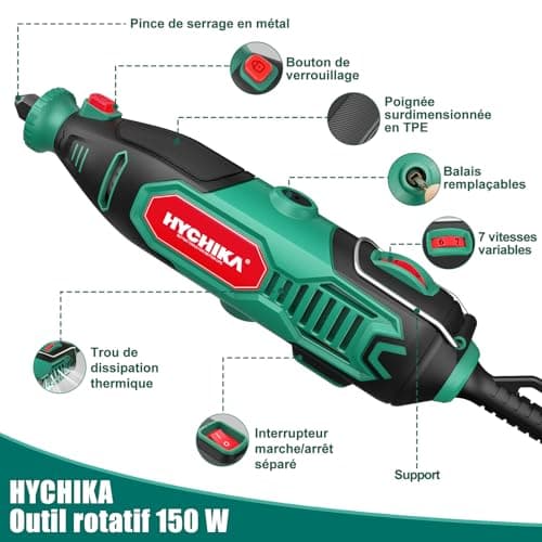 HYCHIKA Outil Rotatif 150W, 33 000 tr/min, 7 vitesses, 167 accessoires, pour tous les travaux, idéal pour professionnels