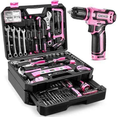 DEKO Caisse à Outils Multifonction sans Fil 12V, Boîte à Outils_complete avec Perceuse, Idéale pour Réparation et Entret — Rose